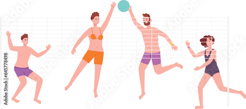 Parents and kids playing volleyball on beach. Family summer activity