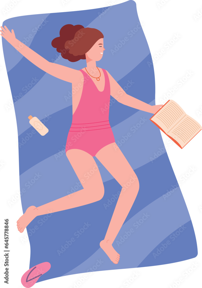 Girl laying on beach towel with book. Summertime joy