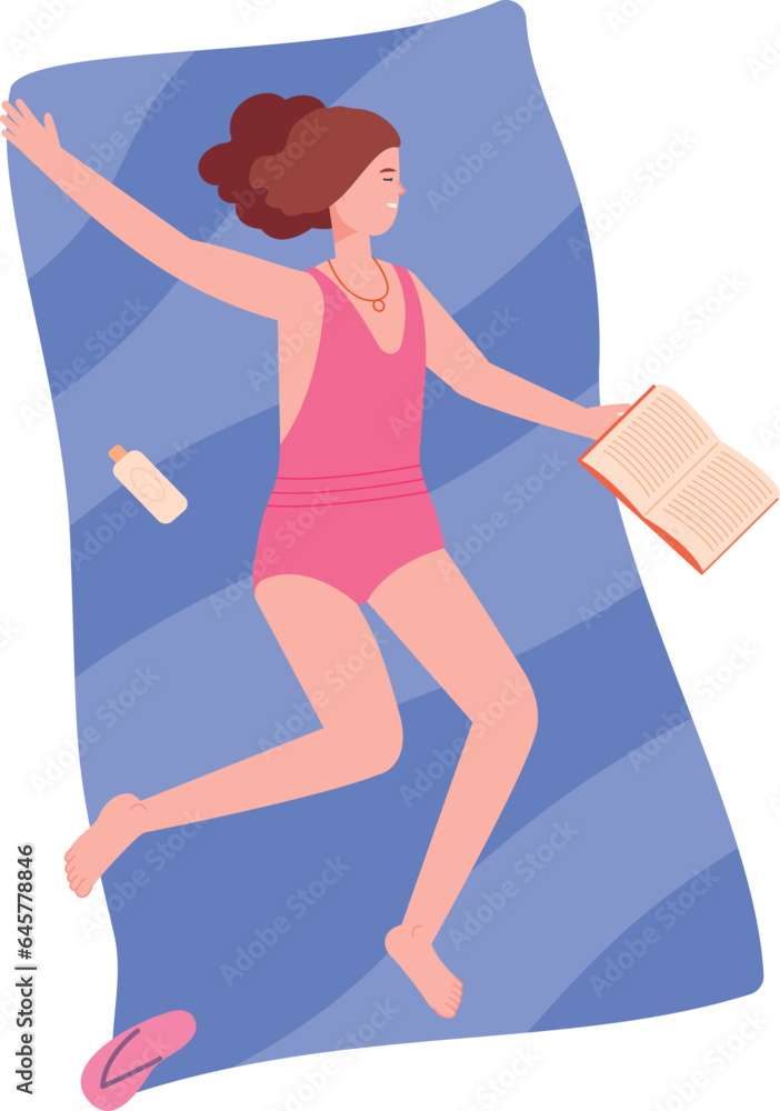 Girl laying on beach towel with book. Summertime joy Girl laying on beach towel with book. Summertime joy