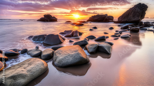 Landscape concept background of beautiful rocks on the beach at sunset