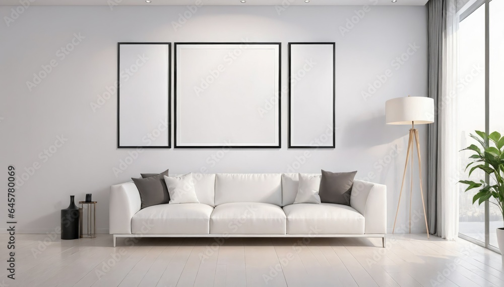 Fototapeta premium Mockup of three blank picture frames hanging on a wall above a couch in a living room