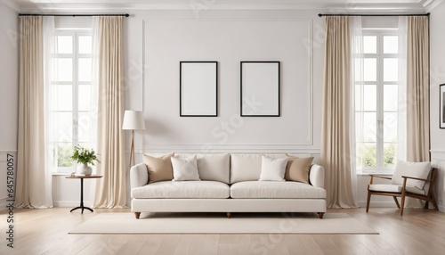 Concept mockup. Living room with a sofa, two blank frames, and a few potted plants