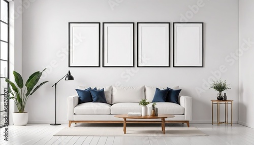 Mockup of four blank picture frames hanging on a wall above a couch in a living room