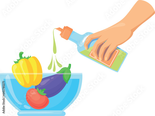 Pouring oil on salad vegetables in glass bowl color icon