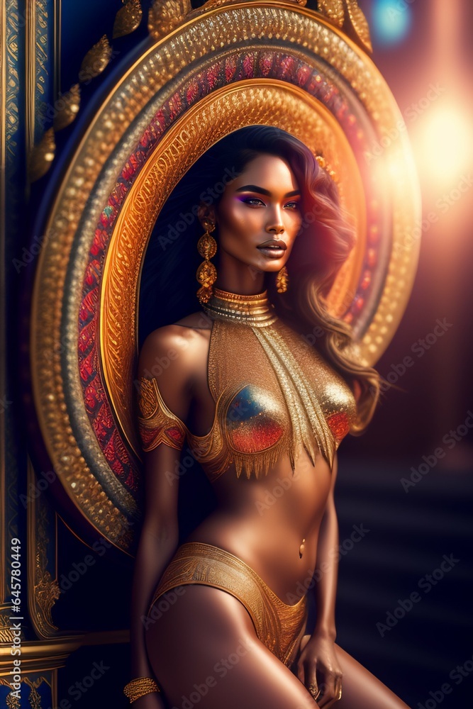 Fototapeta premium from behind, of a spiritual full body Filipina supermodel in a Brazilian swimsuit, looking directly into the camera with sunburst arround her head, happy loyal face, inside a kitsch church, style of 