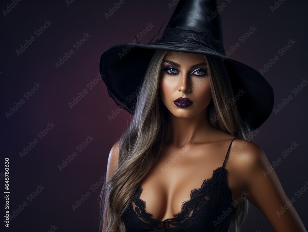 Portrait of sexy beautiful scary woman wear gothic witch costume and hat isolated on dark background with copy space, idea of Halloween party. Portrait of sexy beautiful scary woman wear gothic witch costume and hat isolated on dark background with copy space, idea of Halloween party.