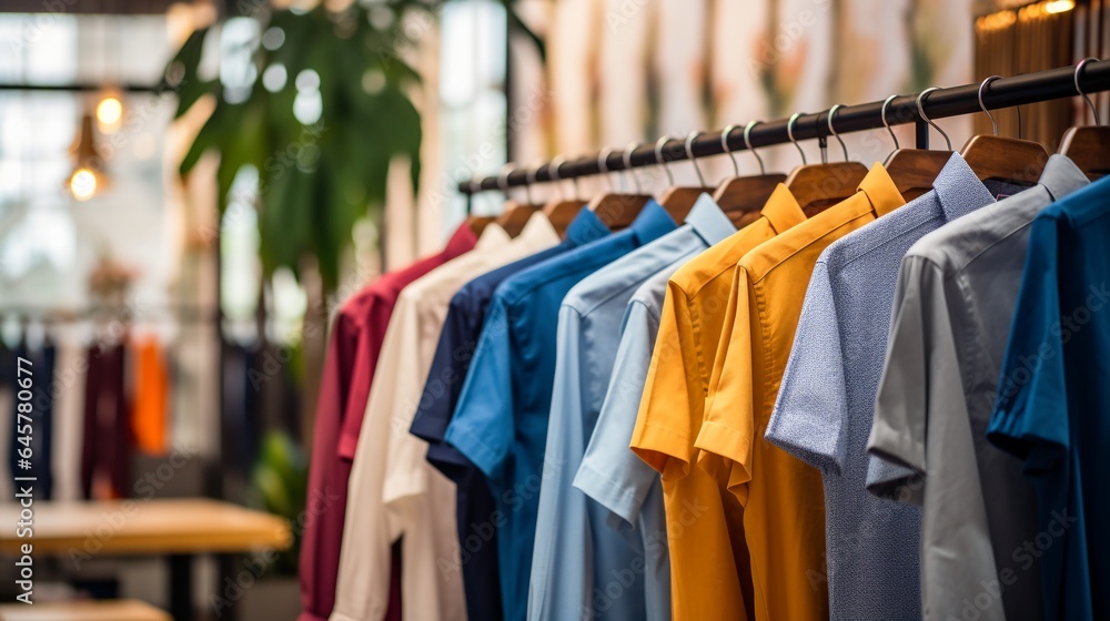 Trendy cotton Men shirt display on mannequin in clothes shop. Summer collection fashion product samples in clothing store for selling. Textile industry and business concept Trendy cotton Men shirt display on mannequin in clothes shop. Summer collection fashion product samples in clothing store for selling. Textile industry and business concept