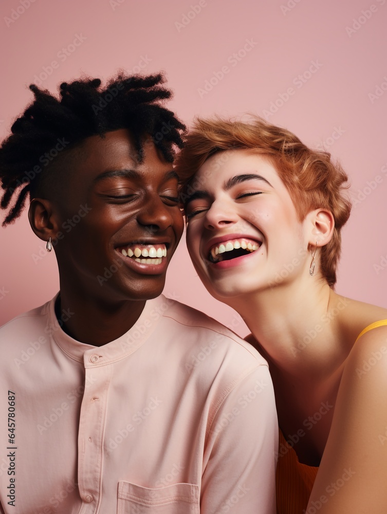 Two interracial best friends laughing and have a great time together, isolated on pink background, studio shot. Two interracial best friends laughing and have a great time together, isolated on pink background, studio shot.