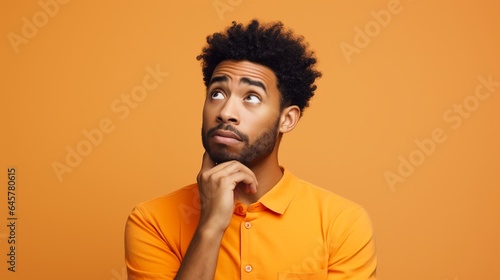 Portrait of a confused puzzled minded African American man in orange top isolated on orange background, with copy space.
