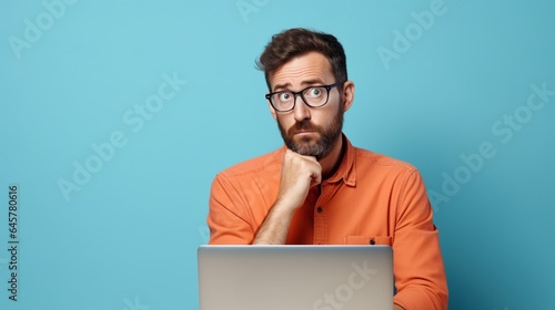 Portrait of a confused puzzled minded African American man in orange top with laptop isolated on blue background, with copy space.
