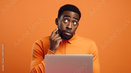 Portrait of a confused puzzled minded African American man in orange top with laptop isolated on orange background, with copy space.