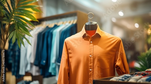 Trendy cotton Men shirt display on mannequin in clothes shop. Summer collection fashion product samples in clothing store for selling. Textile industry and business concept