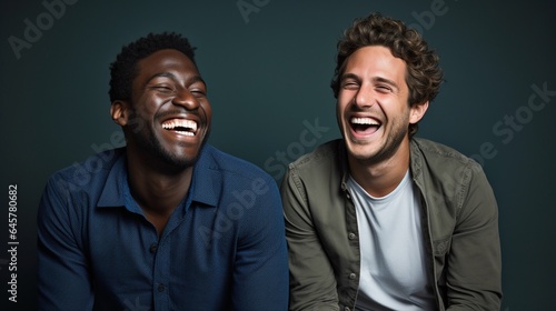 Two interracial best friends laughing and have a great time together, isolated on dark blue background, studio shot.