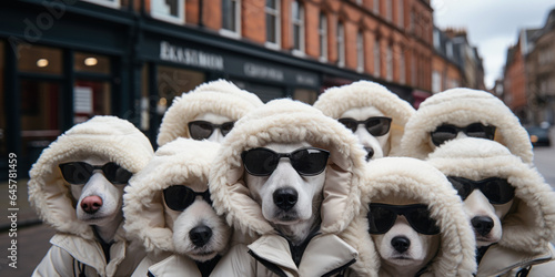 group of bloodhound, agent dogs in dark glasses and white coats with hoods