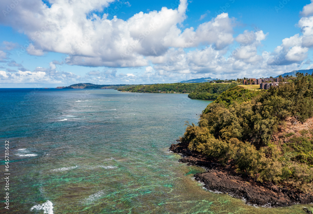 Aerial offshore view towards Kilauea from Princeville on the north coast of the hawaiian island of Kauai