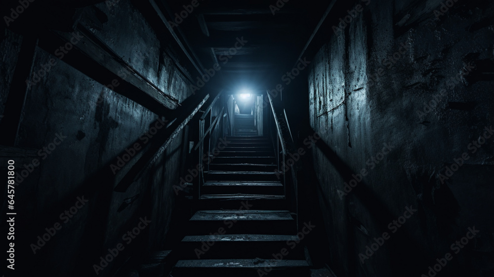 Fototapeta premium Dark Hallway with Stairs to the Sky