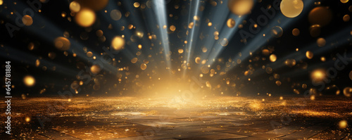 Celestial Celebration: Golden Confetti and Beam of Light, Nighttime Stage with Room for Revelry