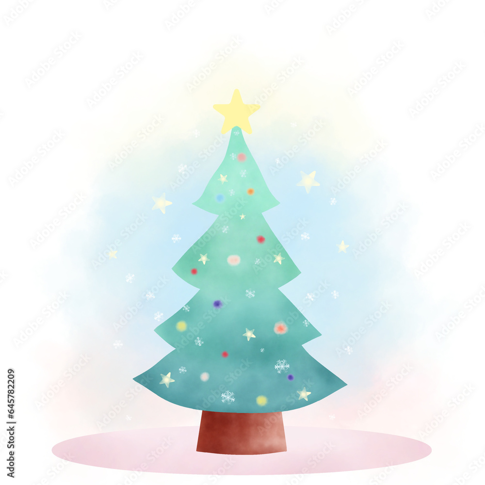 Obraz premium Christmas collection A pastel green Christmas tree and decorative ball lights watercolor technique. Vector illustration drawing.