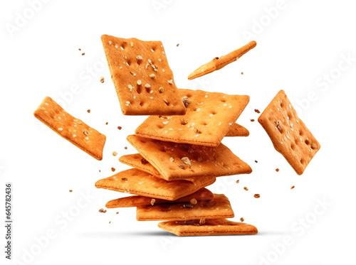 Flying square crackers with sesame. Manual cut out on transparent photo