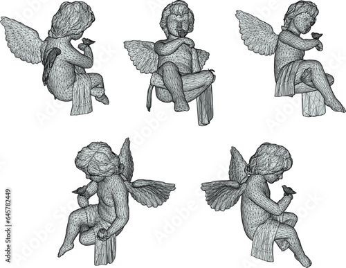 Vector sketch illustration of a little angel with wings sitting playing with a bird