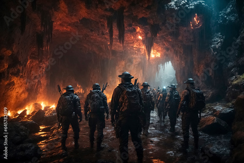 Group of soldiers from the future investigate a cave on an alien planet