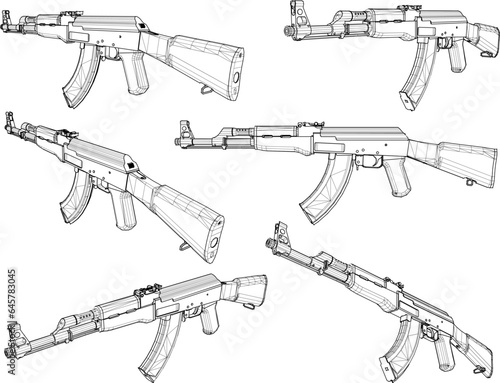 Vector sketch illustration of a long-barreled weapon automatic rifle design