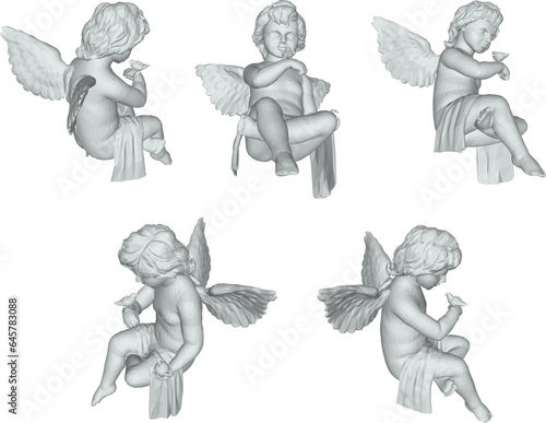 Vector sketch illustration of a little angel with wings sitting playing with a bird