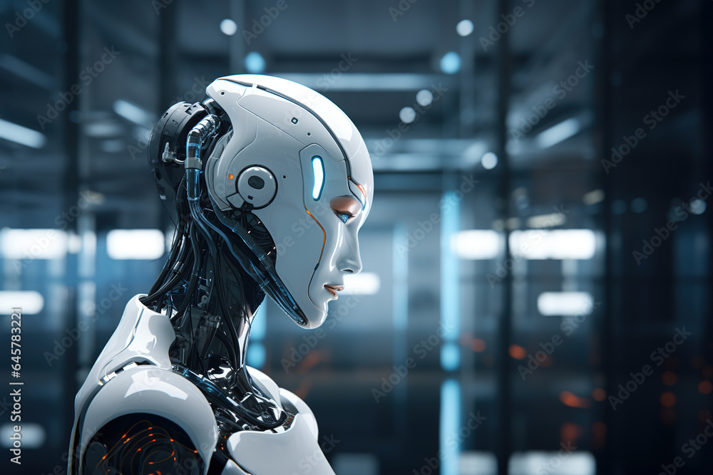 Close-up portrait of female humanoid robot powered by artificial intelligence stands in a high-tech data center. Concept of integration of AI and robotics in Industry 4.0. Close-up portrait of female humanoid robot powered by artificial intelligence stands in a high-tech data center. Concept of integration of AI and robotics in Industry 4.0.