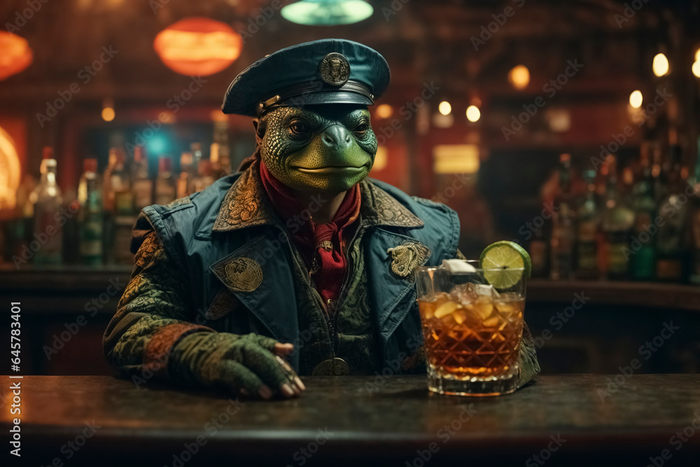 Humanlike turtle sits in a motorcycle gang outfit in a bar