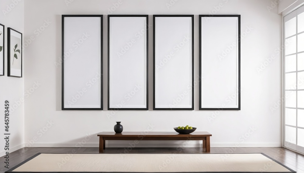 Four black frames on white wall with plants. Concept mockup.