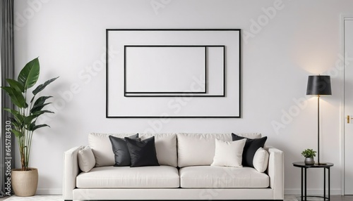 White living room with a white sofa and two empty picture frames