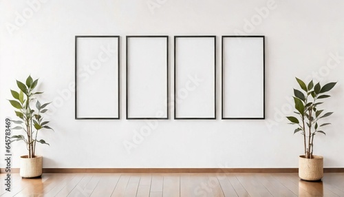 Four black frames on white wall with plants. Concept mockup.