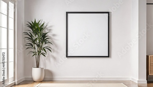 An empty room with a large picture frame on the white wall. Concept mockup.