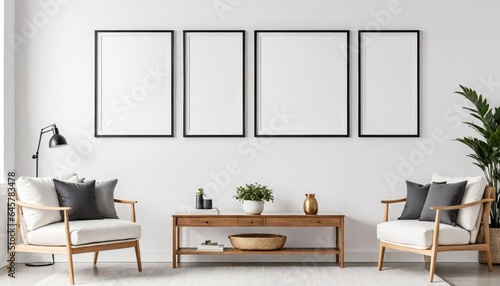 Living room with chair, coffee table, potted plant, lamp, and four frames on wall