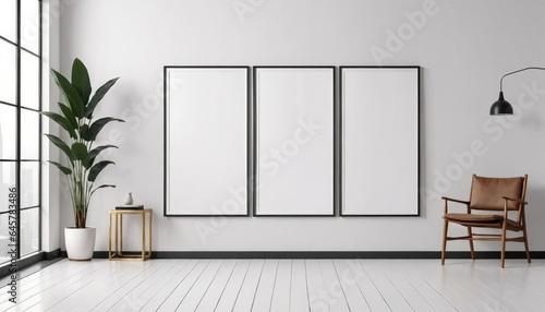 Living room with three black picture frames hanging on the wall
