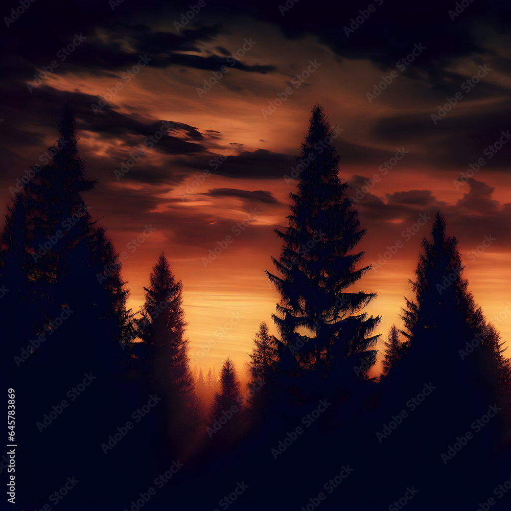 Ai generated, sunset in the forest 