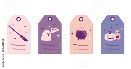 Set Halloween gift tags. Cute label template happy Halloween day for greeting cards, birthdays, invitations, tags, and party decorations. pumpkin, bat, ghost, witch hat, broom cartoon illustrations