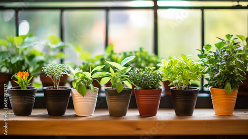 Wooden Table with Potted Plants