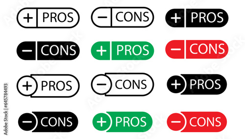 Pros and cons icon. Advantages and disadvantages of product comparison symbol. Positive and negative element of business vector. Plus and minus check mark sign.