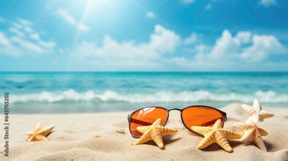 Tropical Getaway: Sunglasses and Starfish on Sandy Shore Tropical Getaway: Sunglasses and Starfish on Sandy Shore