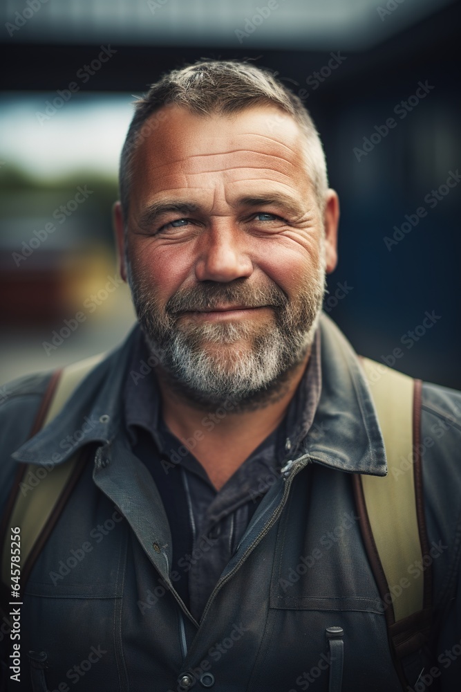 Candid close up natural outdoor portrait of an average looking modern middle aged smiling industrial worker Candid close up natural outdoor portrait of an average looking modern middle aged smiling industrial worker
