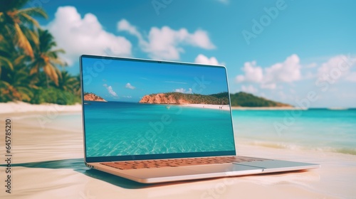 Tropical Getaway: Laptop on Sandy Shore