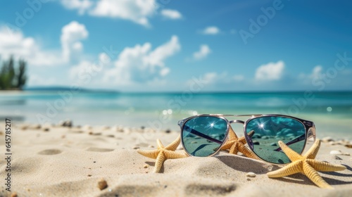 Tropical Getaway: Sunglasses and Starfish on Sandy Shore © Exotic Escape