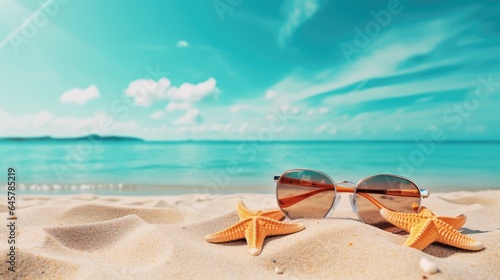Tropical Getaway: Sunglasses and Starfish on Sandy Shore