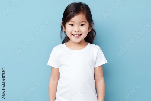 a child wearing white t-shirt looking at the camera, t-shirt mockup