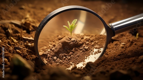 Seedling and dirt under the magnifying glass. Focus on the salt concentration, soil health fertilizer use and sustainable agriculture concept.  photo