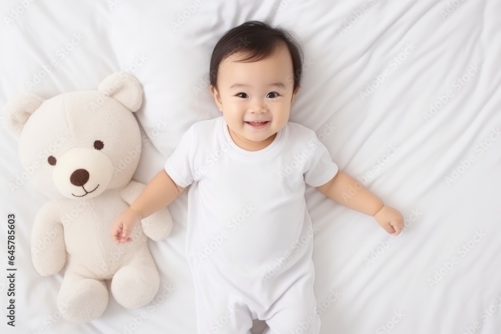 Baby wearingn White Baby Bodysuit, Mock-Up Baby Bodysuit Baby wearingn White Baby Bodysuit, Mock-Up Baby Bodysuit