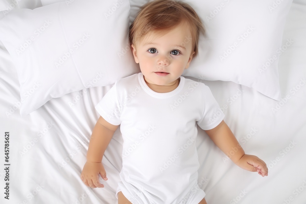 Baby wearingn White Baby Bodysuit, Mock-Up Baby Bodysuit Baby wearingn White Baby Bodysuit, Mock-Up Baby Bodysuit