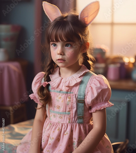 A little girl in a pink dress with hare ears. Generative AI.