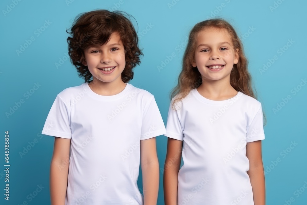 two children wearing white t-shirt looking at the camera, t-shirt mockup two children wearing white t-shirt looking at the camera, t-shirt mockup